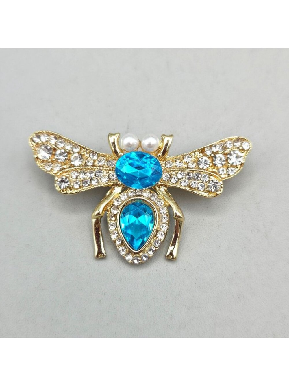 Bee Brooch Blue Clear Rhinestones Faux Pearls Insect Jewelry Gold Tone Jewelry